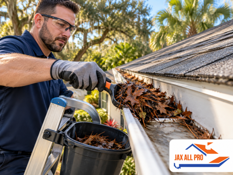 Gloved technician removing leaves and debris from a home's rain gutter.