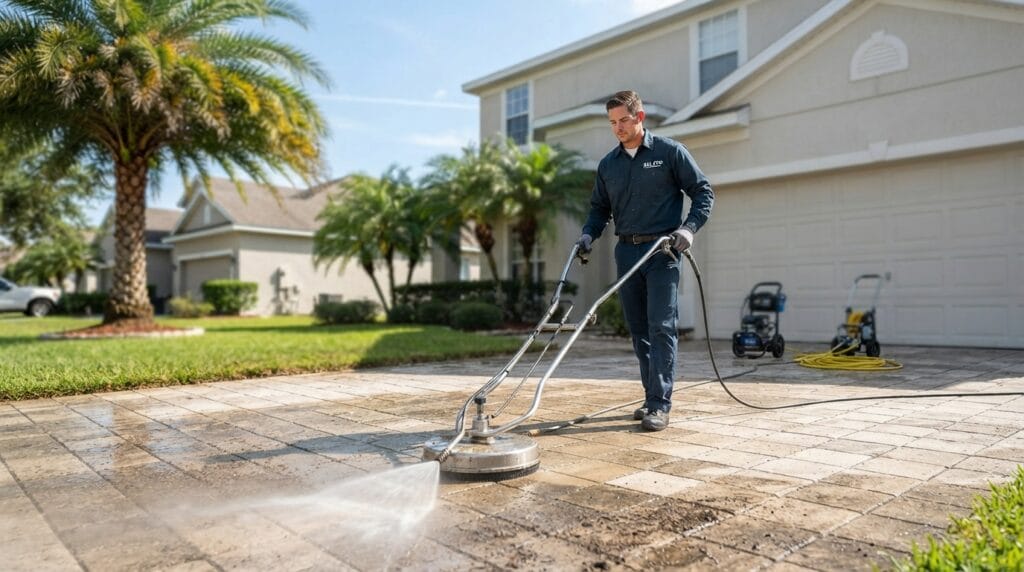Pressure washing a concrete driveway at a Jacksonville, FL home to remove algae and grime