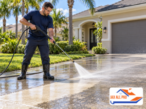 Technician pressure washing a concrete driveway outside a home, with the Jax All Pro logo.