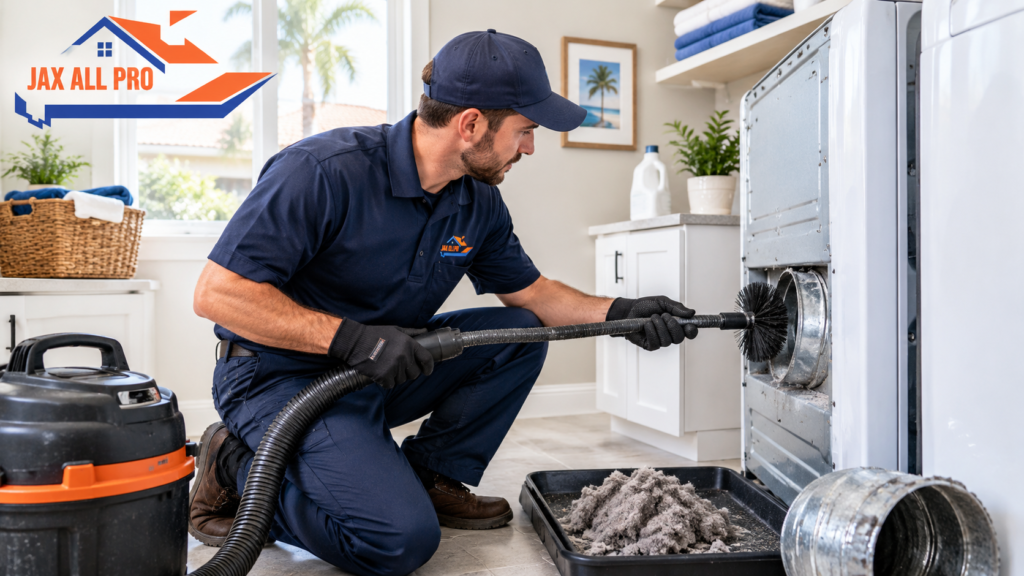 Professional technician cleaning a dryer vent in a residential laundry room in Jacksonville, FL
