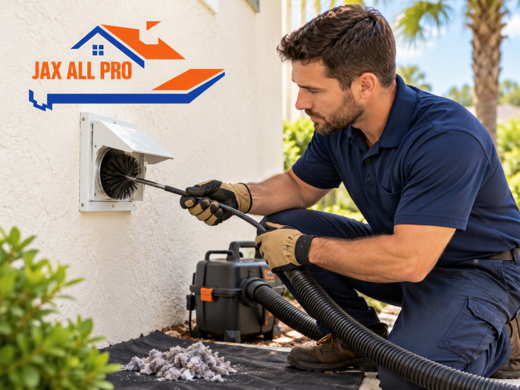 Technician cleaning an exterior dryer vent with a duct brush and vacuum equipment, featuring the Jax All Pro logo.