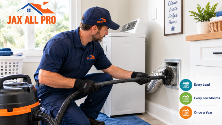 JAX ALL PRO technician cleaning a residential dryer vent, with a maintenance schedule showing regular lint filter care, periodic inspections, and annual professional cleaning